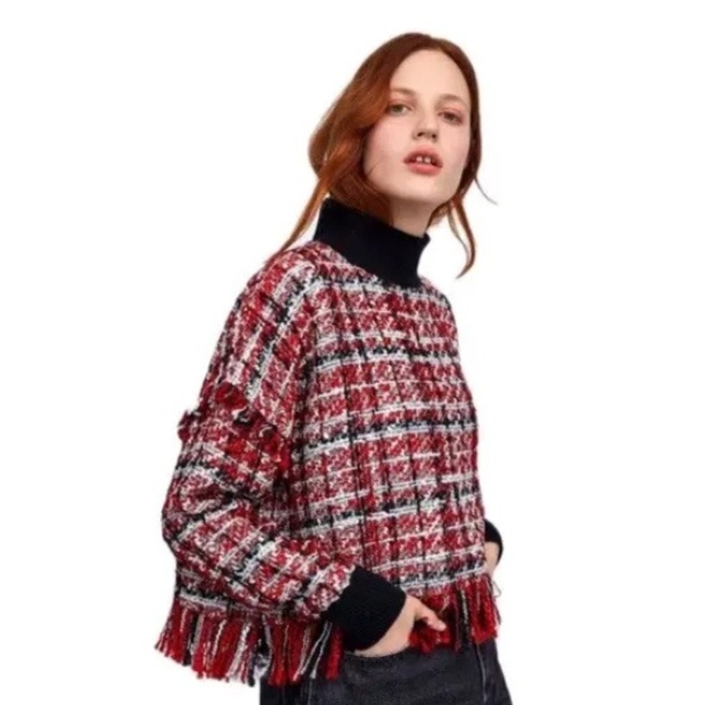 Zara Tweed Fringe Sweater Womens M Red Plaid Mock Neck Knit Pullover Crop